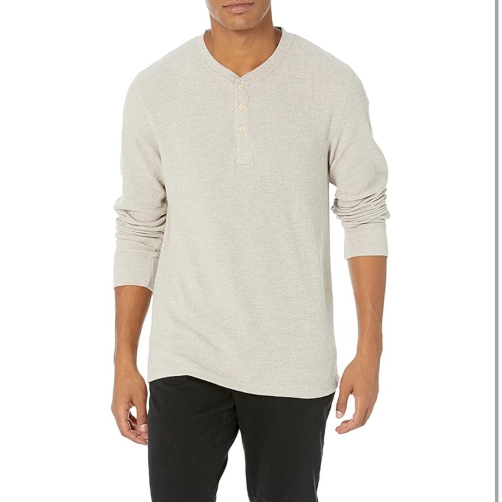 Goodthreads Men's Beige Cream Long Sleeve Tee Slub Thermal Henley Shirt